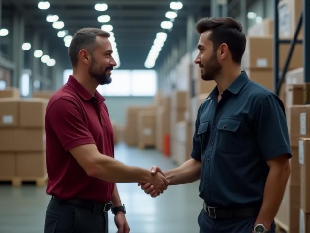 JSSS logistics manager shaking hands with a client in Virginia