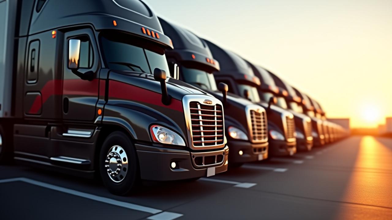 A row of premium heavy-duty trucks representing JSSS dedicated fleet services