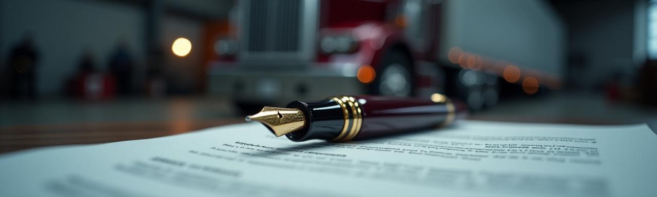 Close up of a professional logistics contract on a dark wooden desk with a truck in the blurred background